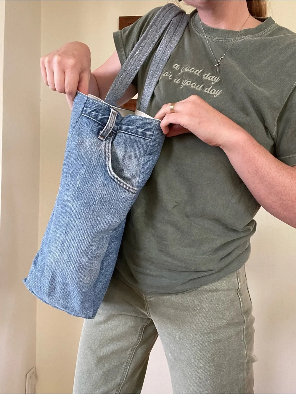 Denim Tote Bag with Front Pocket Detail - Blue
